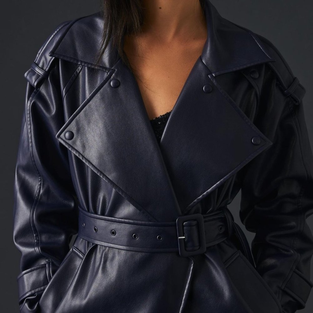 Avec Les Filles Faux Leather Trench Coat Navy Blue - Sz Large - New